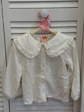 Soft White Ruffle Collar Button-Up Top for Kids